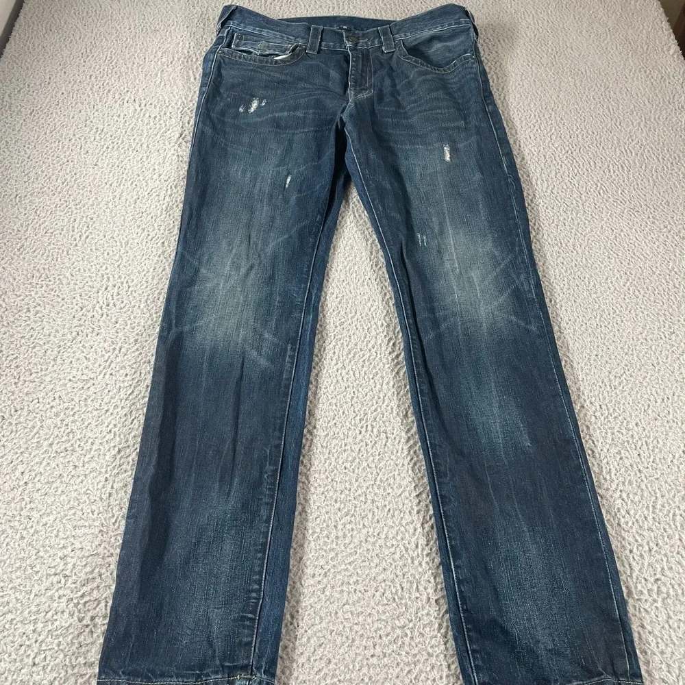 True Religion Men's Geno Flap SE Jeans Denim Blue Wash Size 34 Relax Slim Distre